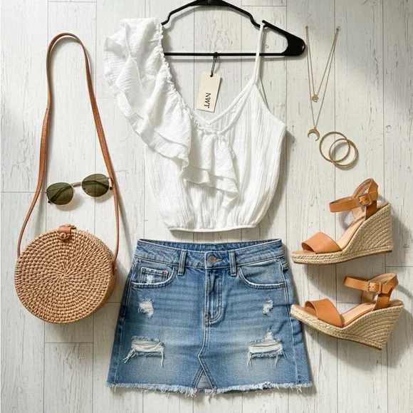 Zara White Ruffle Top and Denim Skirt Set - Picture 1 of 5